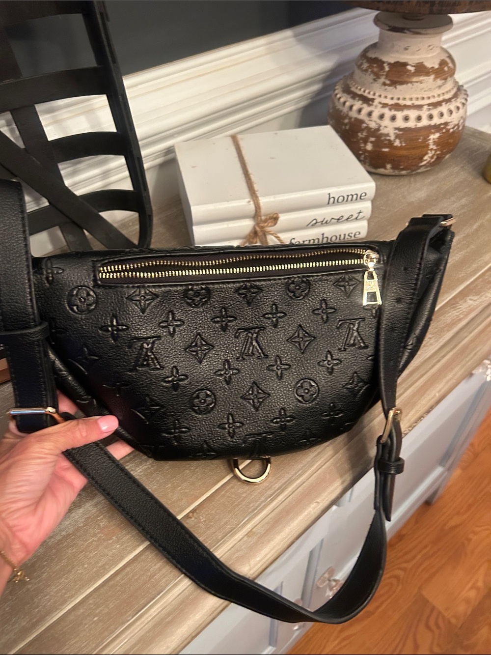 Black Embossed Leather Crossbody Belt Bag with Gold Hardware - Picture 3 of 3